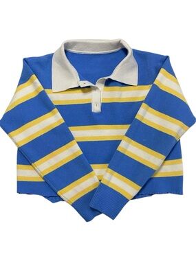 Woman’s Striped Crop Polo Top in Blue & Yellow SZ Medium